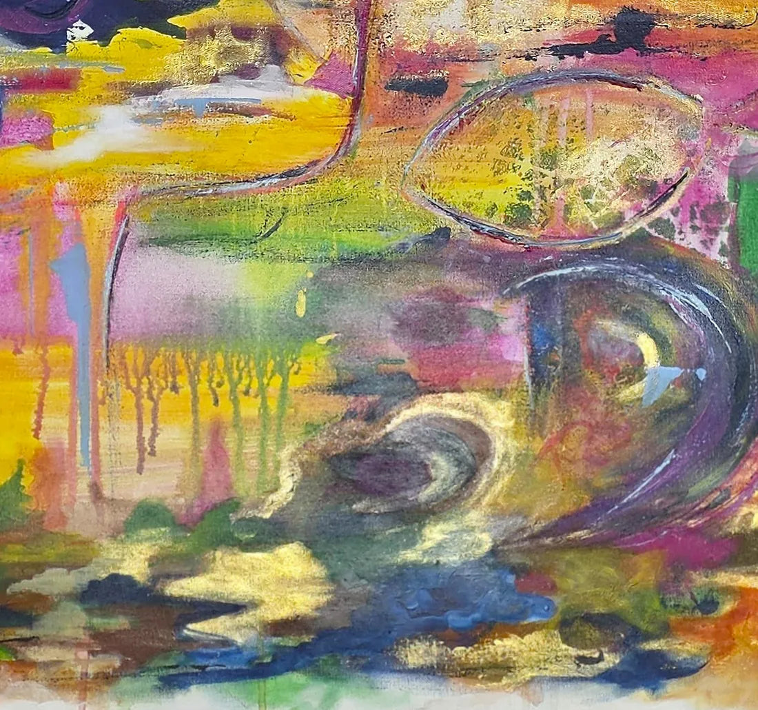 Original Acrylgemälde Holiday von Elena Grumann – Farbenfrohe abstrakte Kunst im Quadratformat 100x100 cm, Detail Farben, Kunst-Direkt.de / Newart.gallery