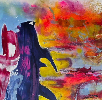 Original Acrylgemälde Holiday von Elena Grumann – Farbenfrohe abstrakte Kunst im Quadratformat 100x100 cm, Detail Formen, Kunst-Direkt.de / Newart.gallery