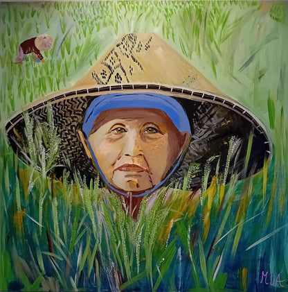 Im Reisfeld – Acrylgemälde von Maren Lüke-Amato, 100x100 cm, figuratives Porträt mit asiatischem Strohhut im wogenden Reisfeld | Kunst-Direkt.de
