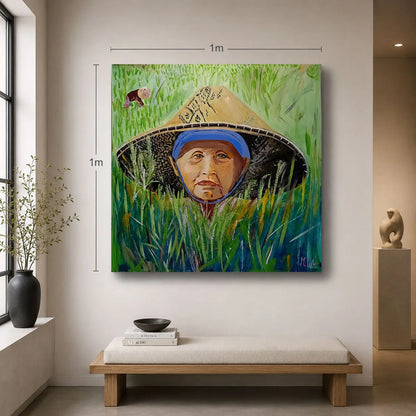 Im Reisfeld von Maren Lüke-Amato an der Wand – Original-Acrylgemälde, 100x100 cm, zeitgenössische Porträtkunst, Unikat | Kunst-Direkt.de

