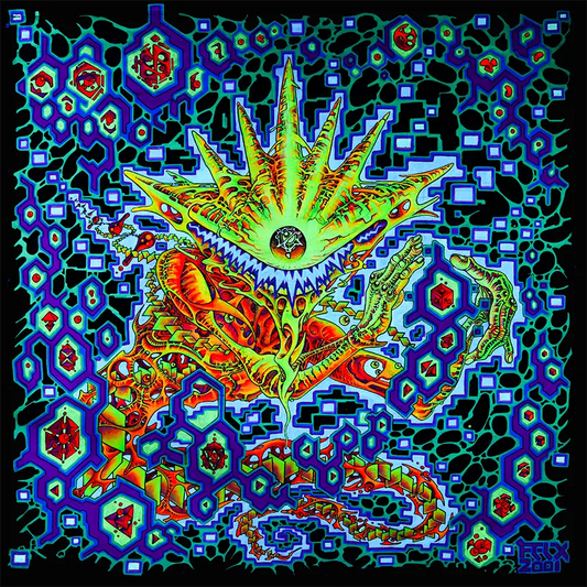 fineart Print, Abstraktes, quadratisches Kunstwerk, neonfarbene geometrische Muster in dunklem Blau, 100 x 100 cm, Felix Stöver, Kunst-Direkt.de