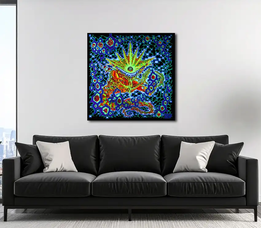 fineart Print, Abstraktes, quadratisches Kunstwerk, neonfarbene geometrische Muster in dunklem Blau, an wand, 100 x 100 cm, Felix Stöver, Kunst-Direkt.de