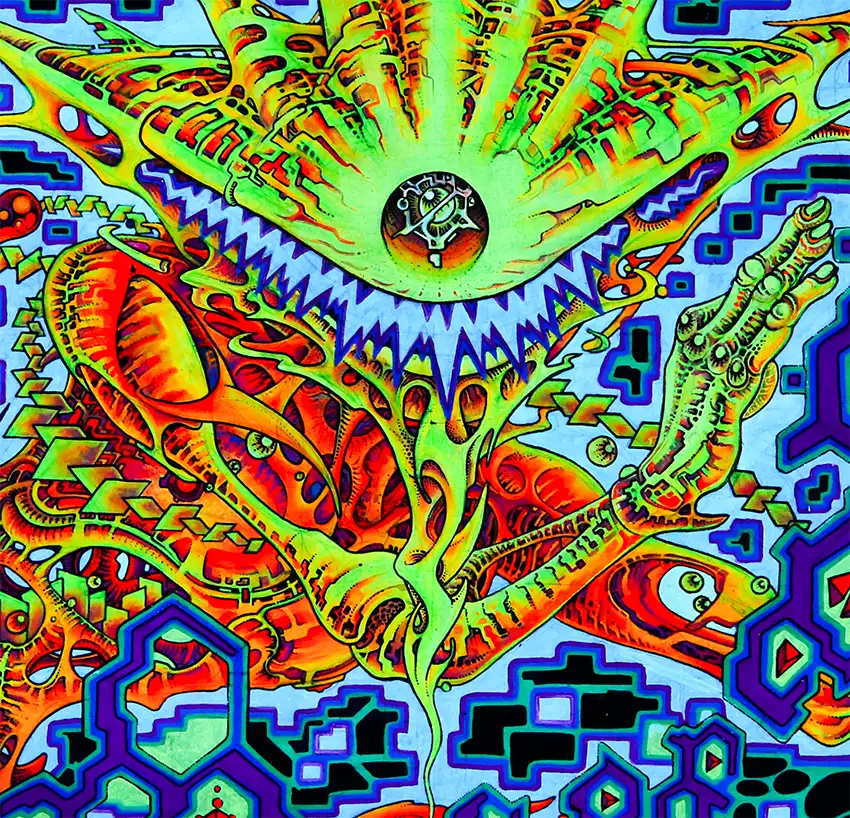 fineart Print, Abstraktes, quadratisches Kunstwerk, neonfarbene geometrische Muster in dunklem Blau, detail struktur, 100 x 100 cm, Felix Stöver, Kunst-Direkt.de