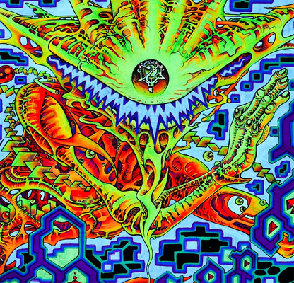 fineart Print, Abstraktes, quadratisches Kunstwerk, neonfarbene geometrische Muster in dunklem Blau, detail struktur, 100 x 100 cm, Felix Stöver, Kunst-Direkt.de