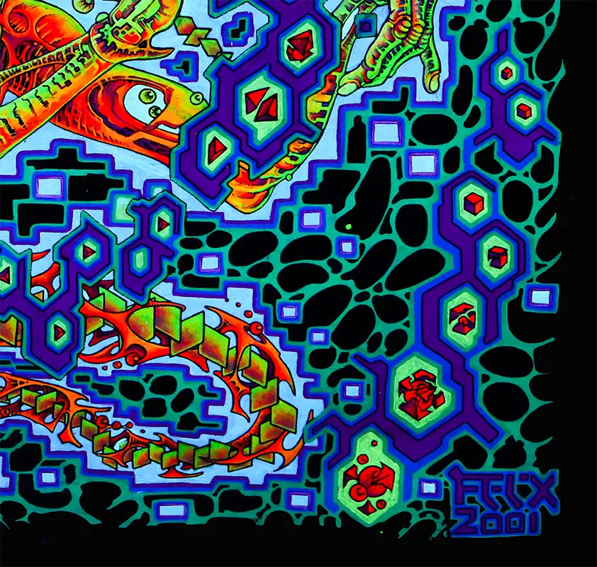 fineart Print, Abstraktes, quadratisches Kunstwerk, neonfarbene geometrische Muster in dunklem Blau, details farben, 100 x 100 cm, Felix Stöver, Kunst-Direkt.de