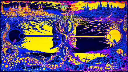 querformat, Farben violett, gelb und blau, eine Figur mit 2 Köpfen in der Mitte, eine Stadtlandschaft, psychodelisch