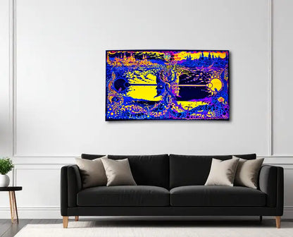 fineart Print,  Farben violett, gelb und blau, eine Figur mit 2 Köpfen in der Mitte, eine Stadtlandschaft, an wand,  psychodelisch, 160 x 90 cm, felix Stöver, Kunst-Direkt.de