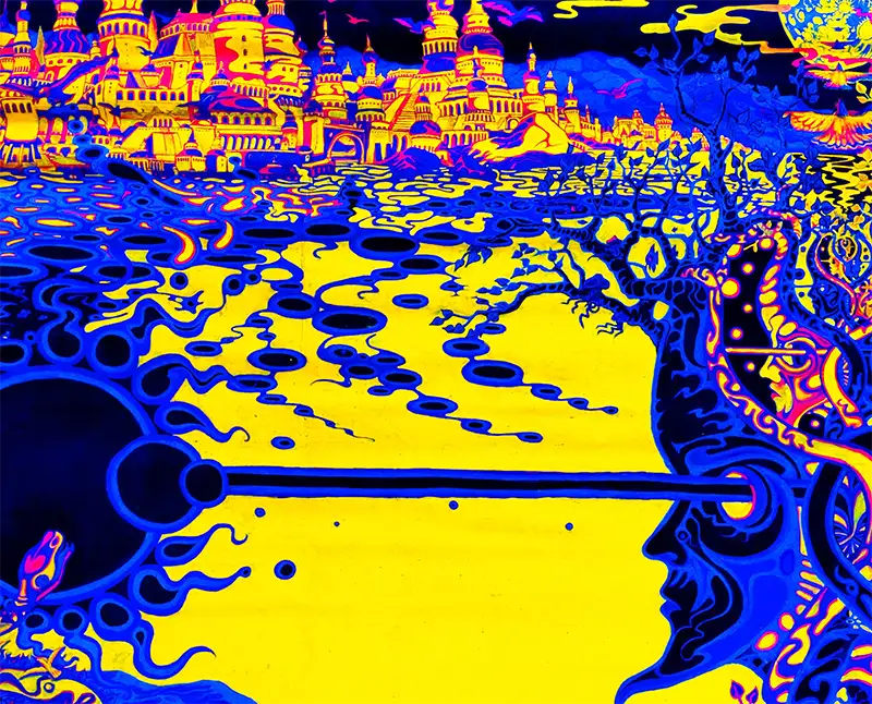 fineart Print,  Farben violett, gelb und blau, eine Figur mit 2 Köpfen in der Mitte, eine Stadtlandschaft, psychodelisch, details struktur, 160 x 90 cm, felix Stöver, Kunst-Direkt.de