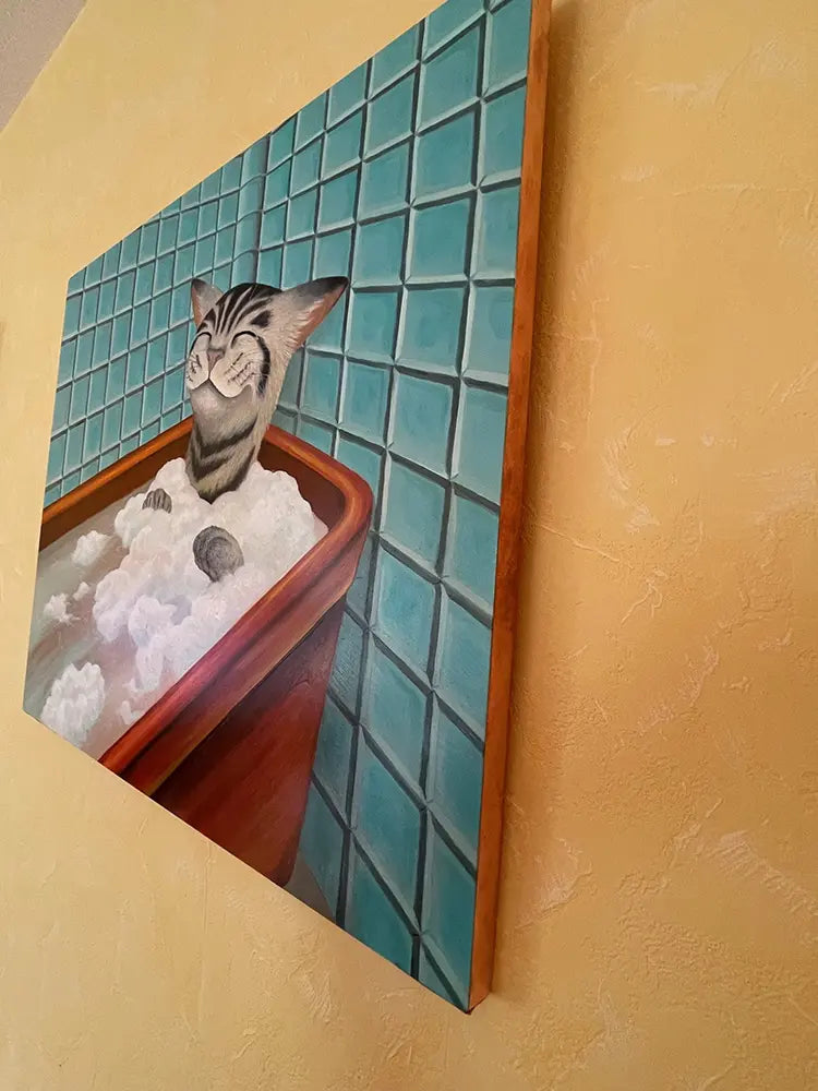 Just relax, eine Katze sitzt in einer Badewanne mit Schaum und grinst, Detail Kupferband Rand, Gemälde 60 x 50 cm von Julia Eckler, Kunst-Direkt.de