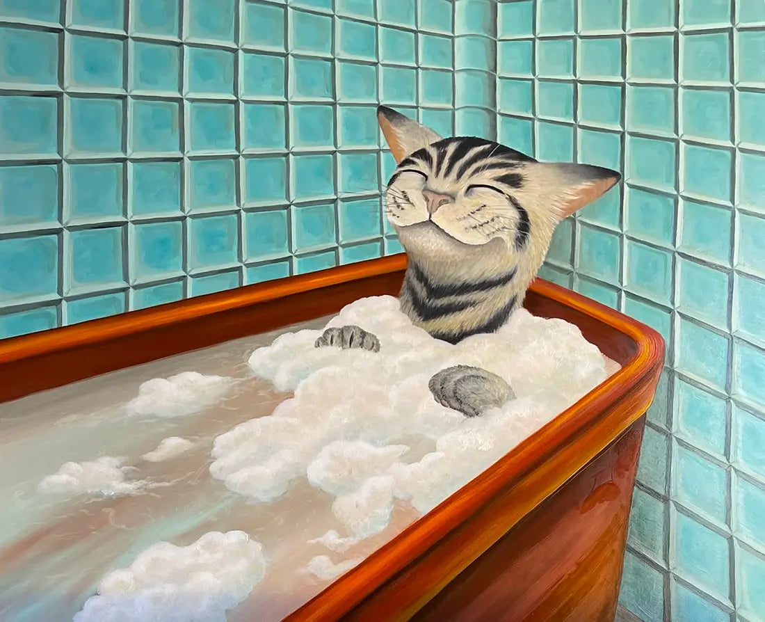Just relax, eine Katze sitzt in einer Badewanne mit Schaum und grinst, Gemälde von Julia Eckler, Kunst-Direkt.de