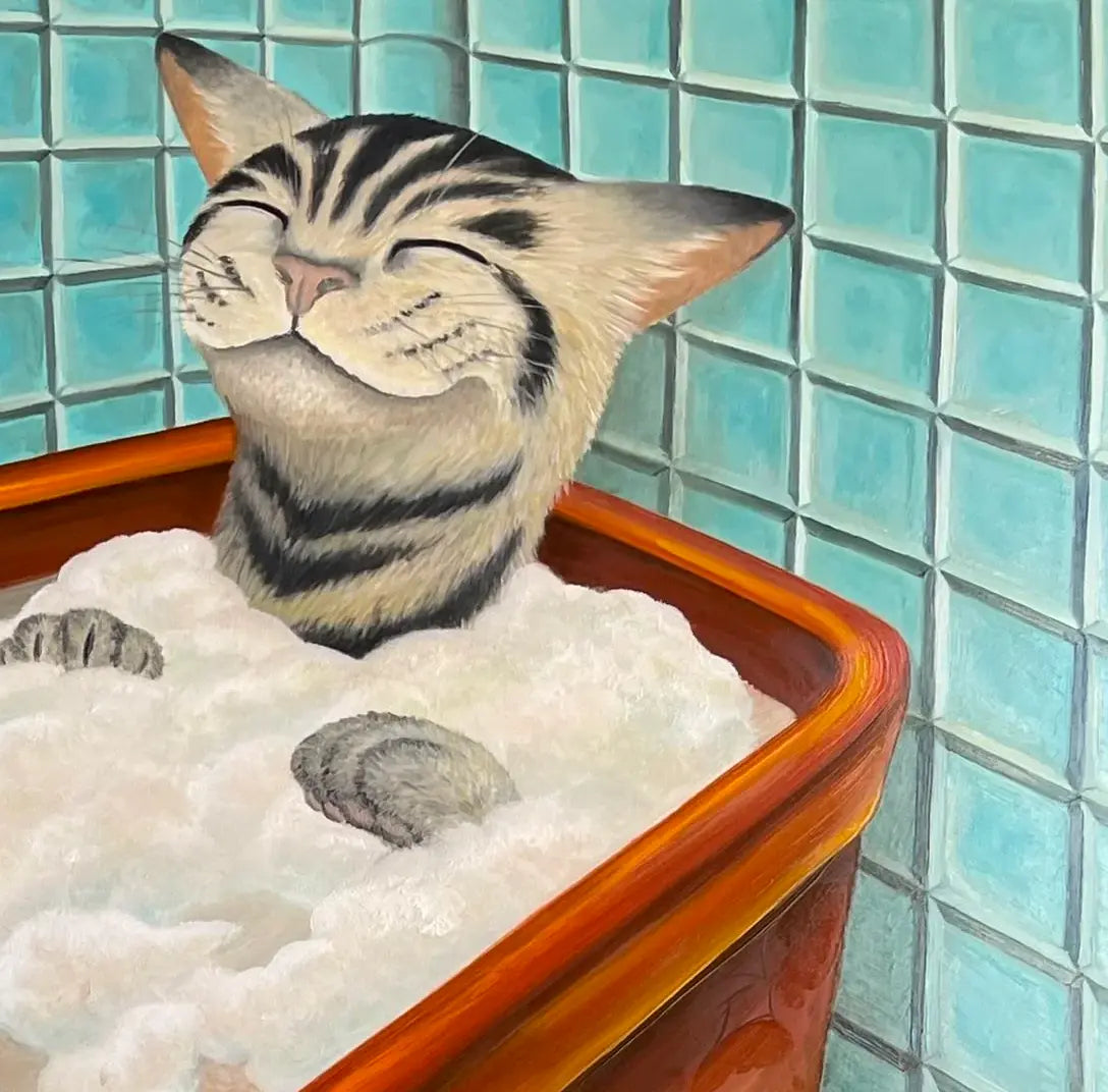 Just relax, eine Katze sitzt in einer Badewanne mit Schaum und grinst, Detail Katze, Gemälde 60 x 50 cm von Julia Eckler, Kunst-Direkt.de