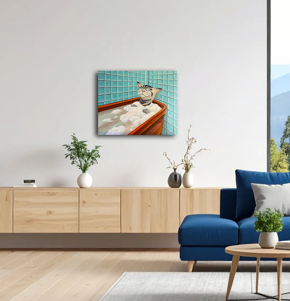 Just relax, eine Katze sitzt in einer Badewanne mit Schaum und grinst, Detail Katze, an wand hängend, Gemälde von Julia Eckler, Kunst-Direkt.de