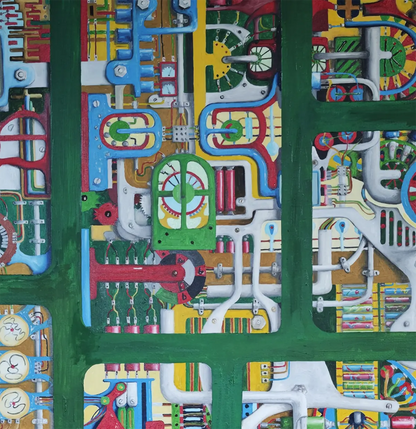 Detailaufnahme KI – Die Hardware – Verschlungene Kabel und Kühlsysteme, versteckte Chiffren und Zahlen, Kobaltblau und Gelb, Dieter Roth | Kunst-Direkt.de
