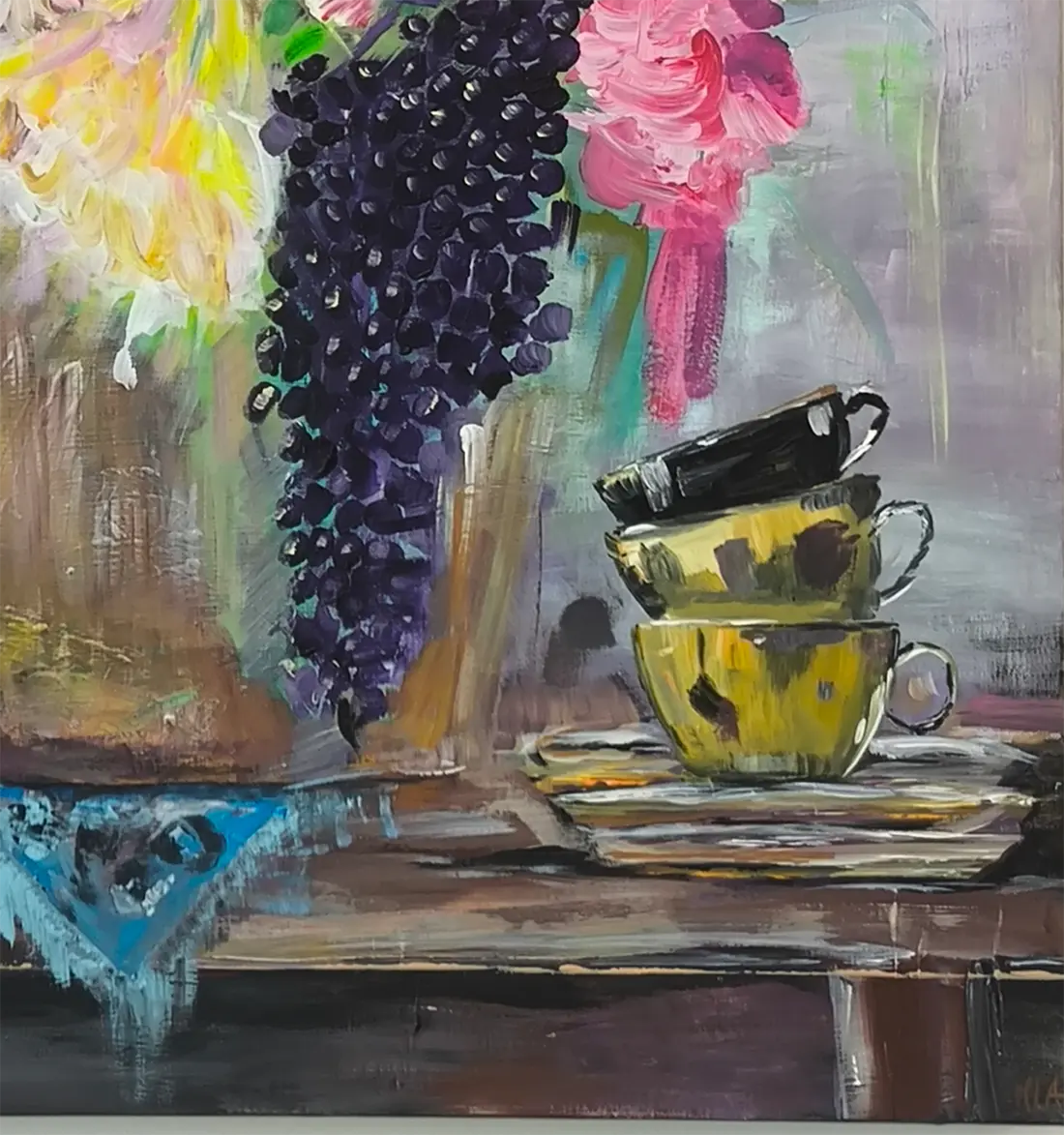 Detailaufnahme Kaffee Pause – Monumentales Blumenbouquet in Pink, Weiß und Violett, schwungvolle Pinselstriche, Maren Lüke-Amato | Kunst-Direkt.de
