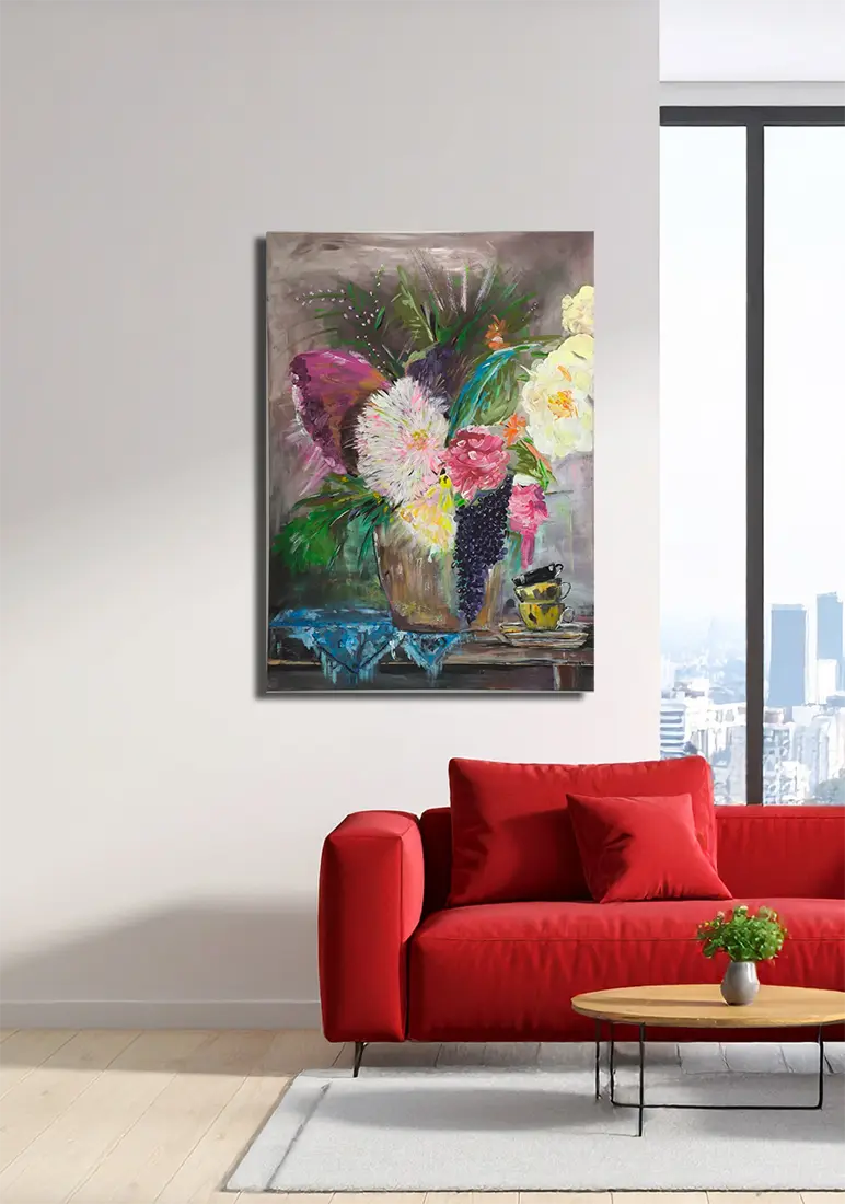 Kaffee Pause von Maren Lüke-Amato an der Wand – Expressionistisches Stillleben, 140x100 cm, Acryl auf Leinwand | Kunst-Direkt.de
