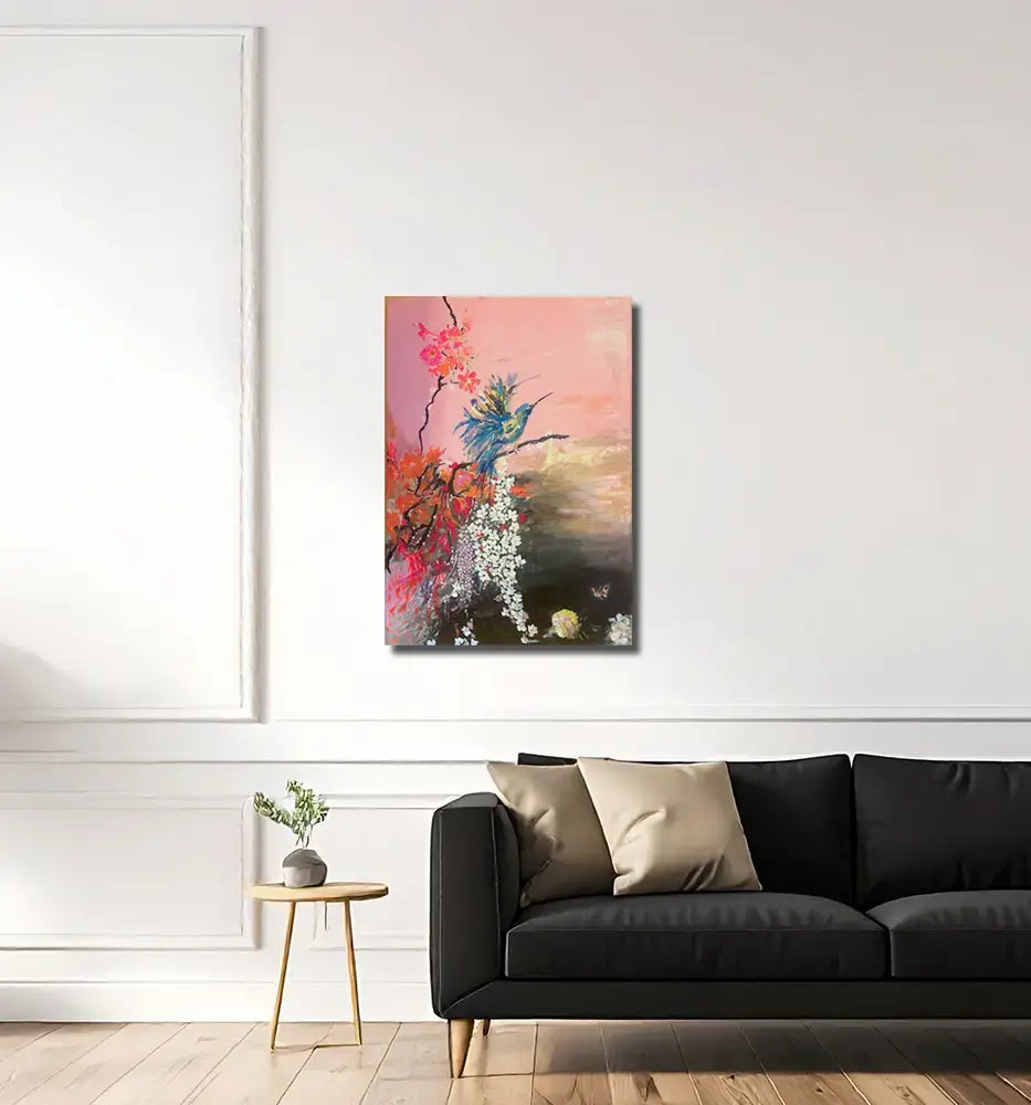 Kolibri von Maren Lüke-Amato an der Wand – Expressionistisches Acrylgemälde, 70x100 cm, Naturmotiv in Pfirsich und Pink | Kunst-Direkt.de
