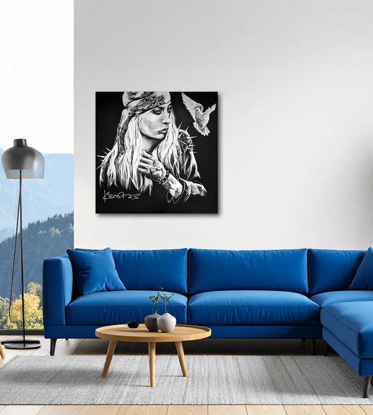 Langer Atem von Ute Kleist an der Wand – Monochromes Öl- und Acrylgemälde, 100x100 cm, Schwarz-Weiß-Porträt | Kunst-Direkt.de
