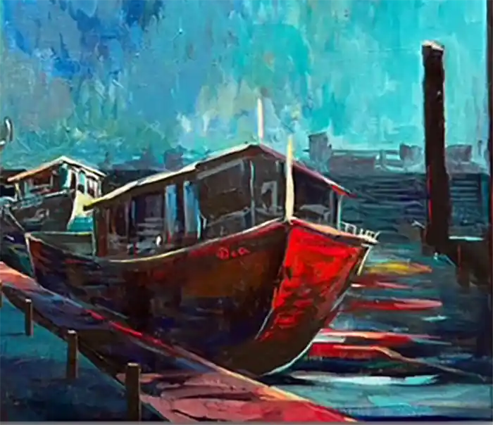 Modernes Hamburg Gemälde der Landungsbrücken mit Elbphilharmonie und Barkasse von Künstlerin Dea, 60x80 cm in silberner Schattenfuge. Detail schiff.Kunst-Direkt.de