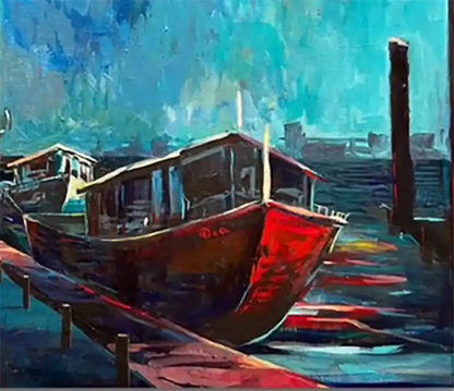 Modernes Hamburg Gemälde der Landungsbrücken mit Elbphilharmonie und Barkasse von Künstlerin Dea, 60x80 cm in silberner Schattenfuge. Detail schiff.Kunst-Direkt.de