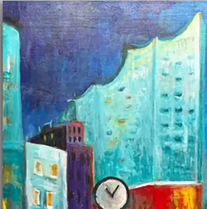 Modernes Hamburg Gemälde der Landungsbrücken mit Elbphilharmonie und Barkasse von Künstlerin Dea, 60x80 cm in silberner Schattenfuge. detail elbhphilharmonie. Kunst-Direkt.de