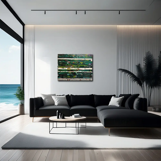 abstraktes Gemälde mit verschiedenen Grüntönen, an heller Wand hängend in modernem Wohnraum mit schwarzem  Sofa