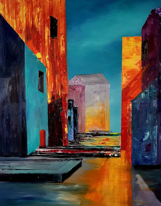 Licht des Nordens – Ölgemälde von Roger Ziereisen, 80x100 cm, chromatische Eruption in Orange und Türkis | Kunst-Direkt.de
