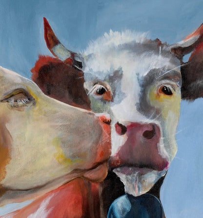 Detailaufnahme Liebe ist roh – Verwunderte Mimik der geküssten Kuh, expressiver Pinselduktus, Christel Keller | Kunst-Direkt.de
