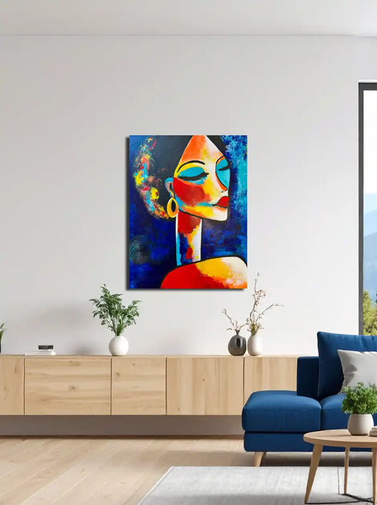 Farbenfrohes, modernes Frauen-Porträt "Lola" von Künstlerin Dea: Kräftige Rot- und Blautöne, expressive Acrylmalerei auf Leinwand, 80x100 cm. an wand hängend