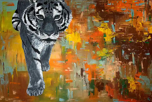 Acrylgemälde eines Tigers vor farbigem Hintergrund, Quadratisch, Detail Tiger