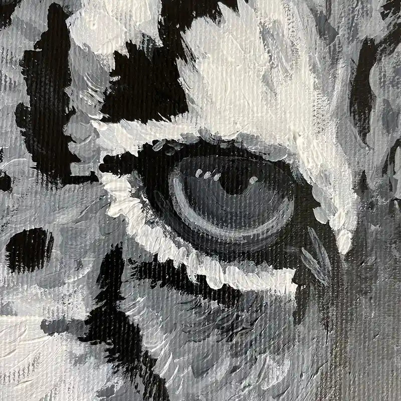 Acrylgemälde eines Tigers vor farbigem Hintergrund, Quadratisch, Detail Auge