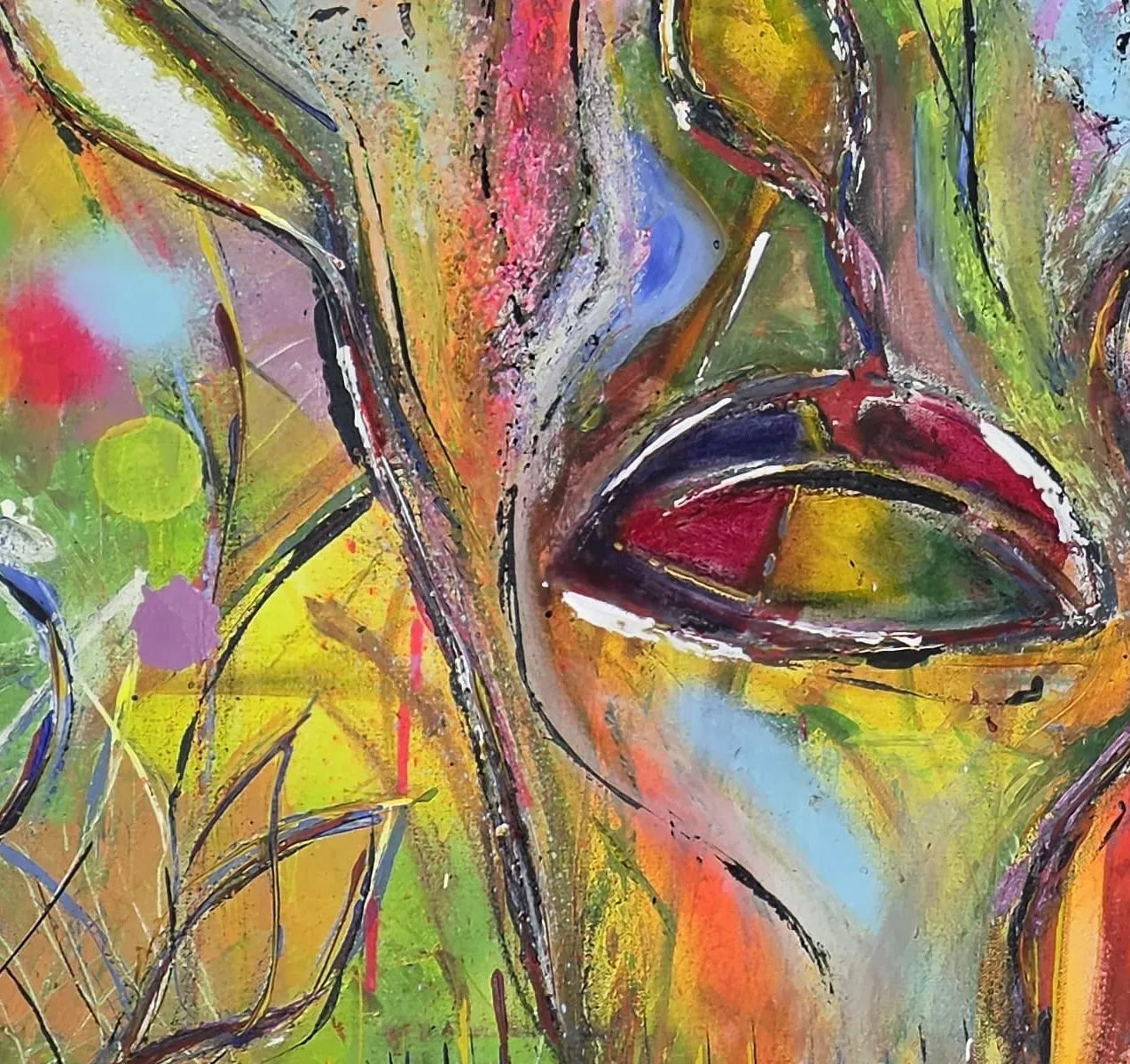 Original Acrylgemälde Magical Change von Elena Grumann – Expressive abstrakte Porträtkunst im Quadratformat 100x100 cm, Detail Farben, Kunst-Direkt.de / Newart.gallery