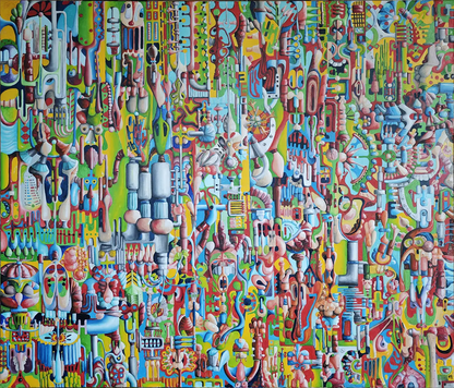 Medina – Ölgemälde von Dieter Roth, 120x140 cm, surreales Wimmelbild, nordafrikanische Altstadt in Sonnengelb, Grün und Zinnoberrot | Kunst-Direkt.de
