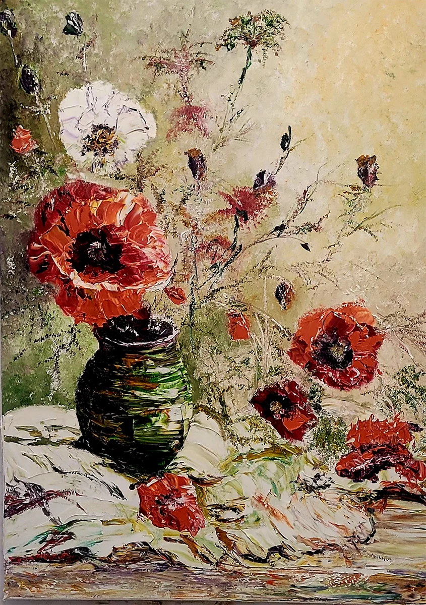 Original Ölgemälde Mohnblüten von Roger Ziereisen – Blumenstillleben mit rotem Mohn in grüner Vase auf Leinwand 50x70 cm, Kunst-Direkt.de / Newart.gallery