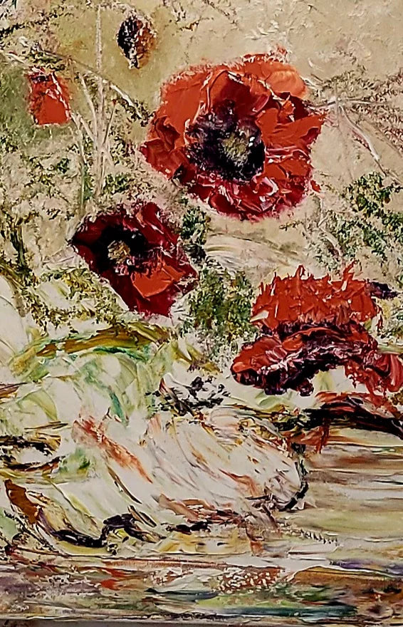 Detailansicht Mohnblüten Roger Ziereisen – Pastose Spachteltechnik und ausdrucksstarke Ölfarbe auf Leinwand, Kunst-Direkt.de / Newart.gallery