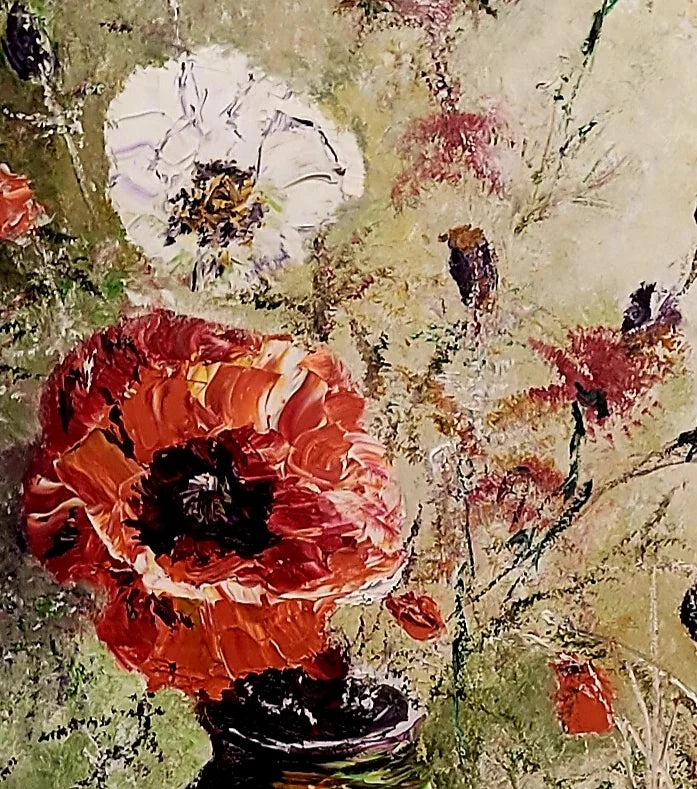 Detailansicht Mohnblüten Roger Ziereisen – Pastose Spachteltechnik und ausdrucksstarke Ölfarbe auf Leinwand, Kunst-Direkt.de / Newart.gallery
