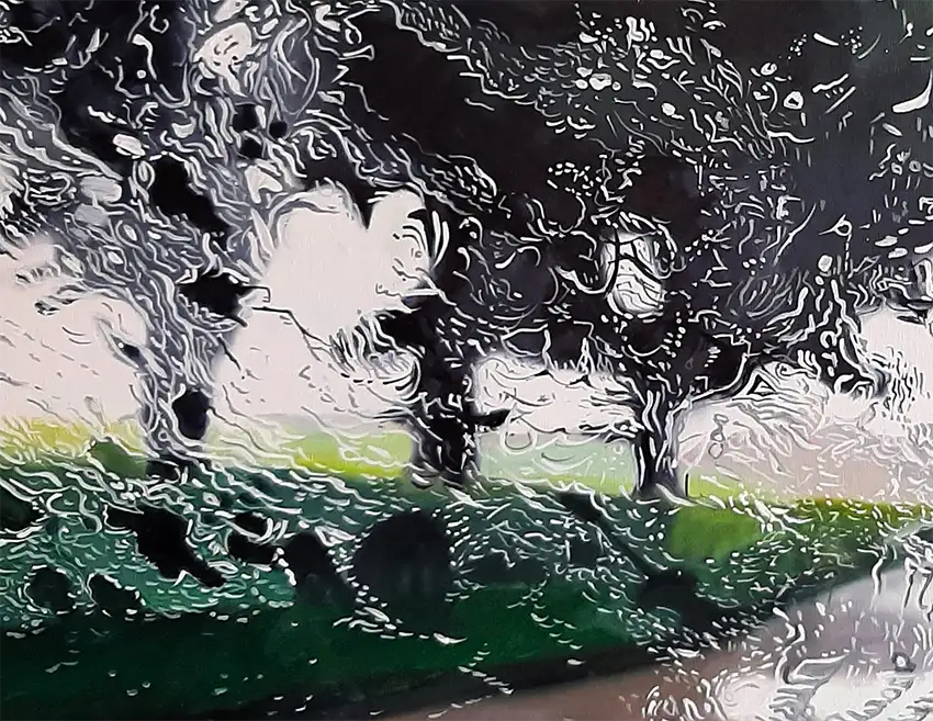 Ölgemälde, Querformat, eine Baumallee aus einem Auto gesehen im Regen, Tropfen sind auf der Scheibe zu sehen, Detail der Tropfen auf der Scheibe, 120 x 80 cm, Ulla Kutter, kunst-direkt.de