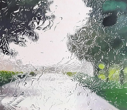 Ölgemälde, Querformat, eine Baumallee aus einem Auto gesehen im Regen, Tropfen sind auf der Scheibe zu sehen, 120 x 80 cm, Ulla Kutter, Kunst-Direkt.de