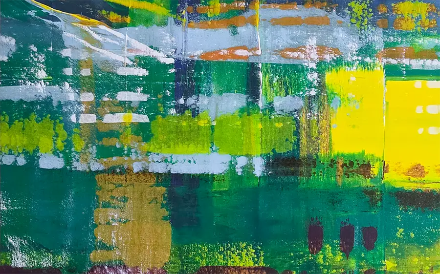Morgentau - Detailansicht der Spachtelspuren und Farbschichten in Grün- und Gelbtönen, Mareike Prikling, Kunst-Direkt.de