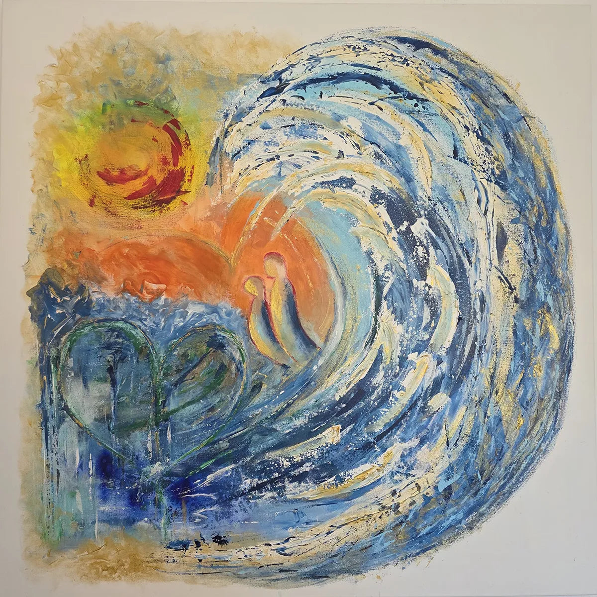 Original Acrylgemälde Mother's Love von Elena Grumann – Abstrahierte Mutter-Kind-Figuren umhüllt von einer Welle im Quadratformat 100x100 cm, Kunst-Direkt.de / Newart.gallery