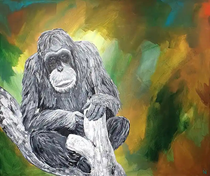 Acrylgemälde eines Affen vor farbigem Hintergrund, Quadratisch, Affe sitzt auf einem Ast