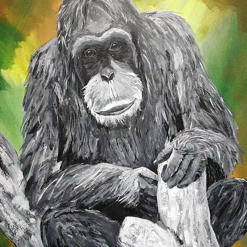 Acrylgemälde eines Affen vor farbigem Hintergrund, Quadratisch, Affe sitzt auf einem Ast, Detail Fell