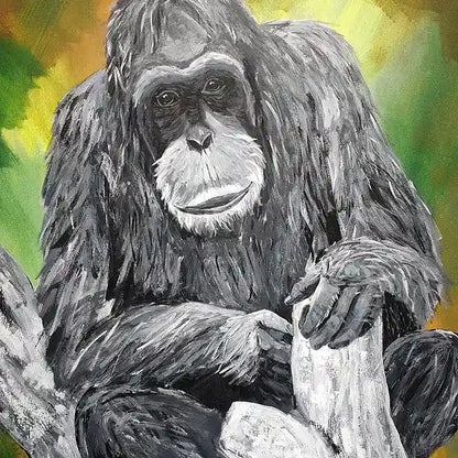 Acrylgemälde eines Affen vor farbigem Hintergrund, Quadratisch, Affe sitzt auf einem Ast, Detail Fell