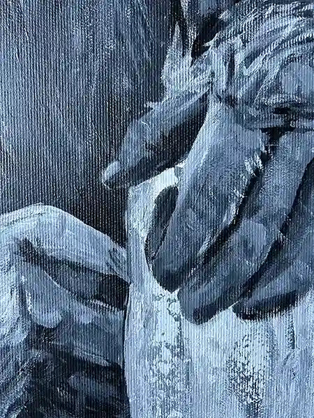 Acrylgemälde eines Affen vor farbigem Hintergrund, Quadratisch, Affe sitzt auf einem Ast, Detail Hand