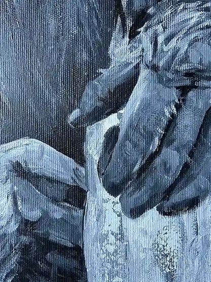 Acrylgemälde eines Affen vor farbigem Hintergrund, Quadratisch, Affe sitzt auf einem Ast, Detail Hand