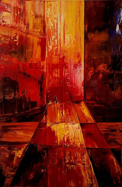 Nicolai – Ölgemälde von Roger Ziereisen, 80x120 cm, Eruption in Rot und Gold, sakrale Dynamik | Kunst-Direkt.de
