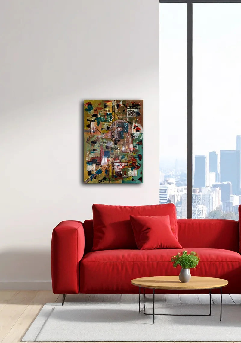 Modernes abstraktes Acrylgemälde von Lothar Bergmann gerahmt an der Wand im stilvollen Wohn- oder Bürobereich, Kunst-Direkt.de / Newart.gallery