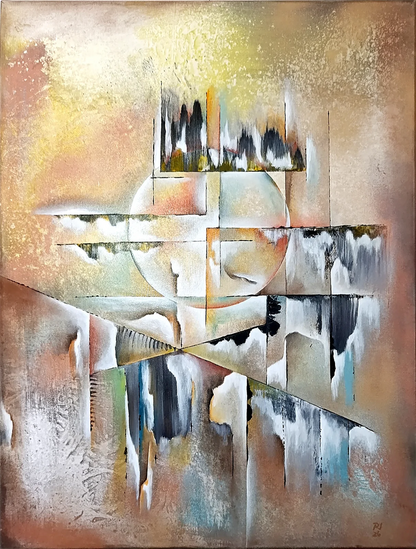 Original Acrylgemälde Ohne Titel von Lothar Bergmann – Abstrakte Mehrschichttechnik mit Kreis- und Linienkomposition auf Leinwand 60x80 cm, Kunst-Direkt.de / Newart.gallery