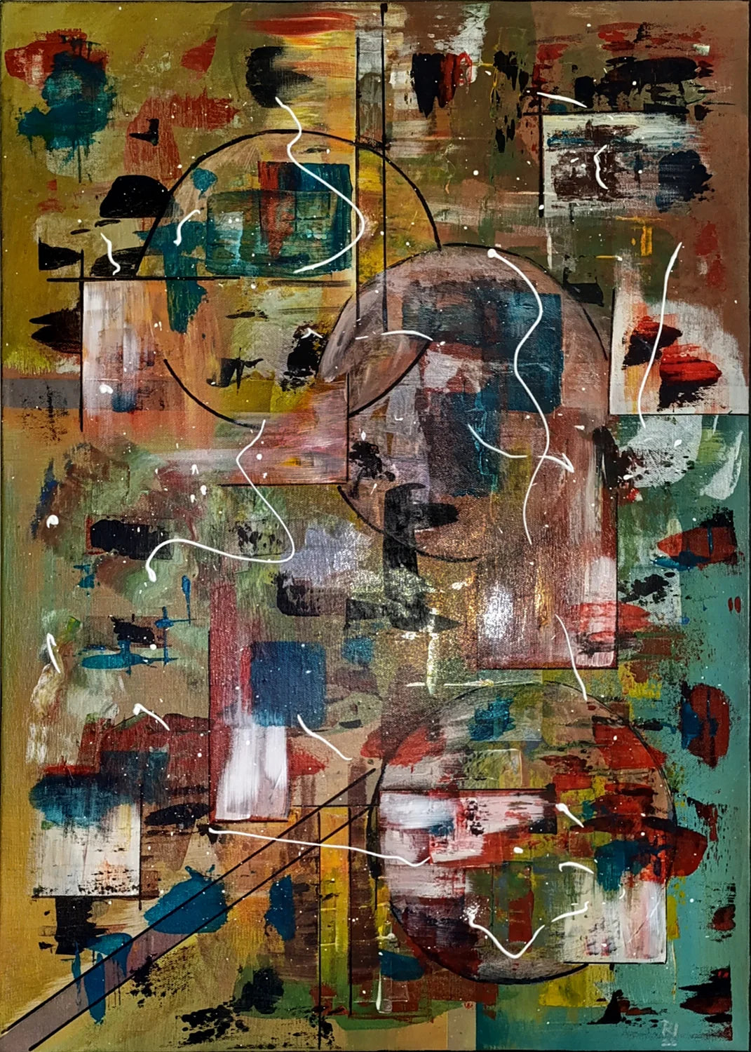 Original Acrylgemälde Ohne Titel von Lothar Bergmann – Abstrakte Mischtechnik mit geometrischen Kreisformen auf Leinwand 50x70 cm, Kunst-Direkt.de / Newart.gallery