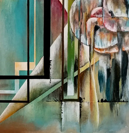 Detailansicht Lothar Bergmann Ohne Titel – Präzise Abklebetechnik, schwarze Rahmenstrukturen, Lasuren und Pigmentpulver, Kunst-Direkt.de / Newart.gallery