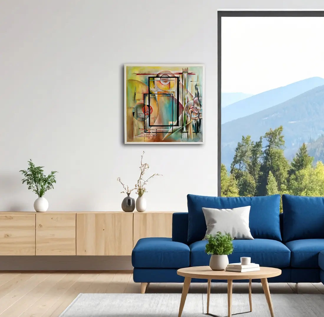 Quadratisches abstraktes Acrylgemälde Ohne Titel von Lothar Bergmann an der Wand im modernen Wohnzimmer oder Büro, Kunst-Direkt.de / Newart.gallery